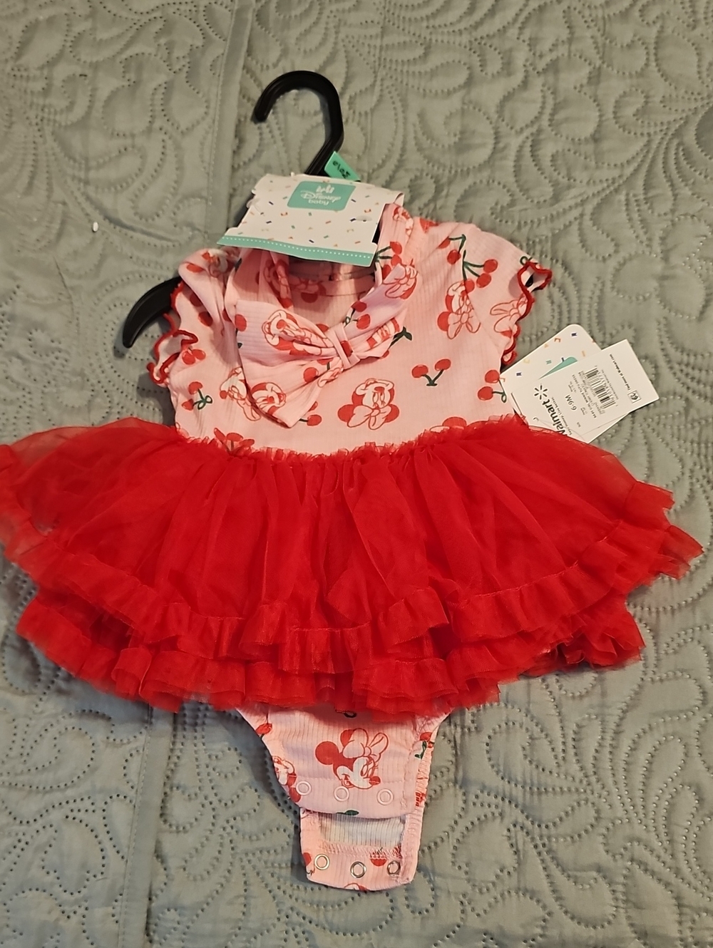 Disney Baby Minnie Mouse Pink Cherry-Print Bodysuit with Red Tulle Tutu